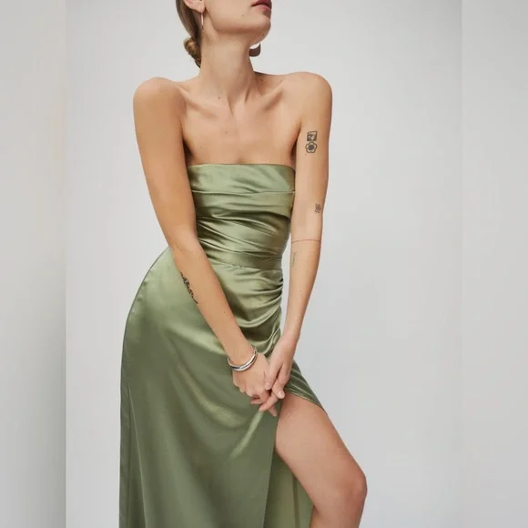 Reformation Barrow Artichoke Green Silk Strapless Cocktail Gown Size 2 NWT